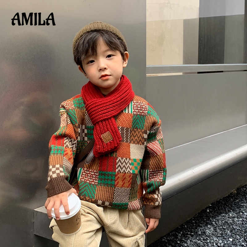 Áo sweater AMILA cổ tròn lót nhung dày dặn ấm áp thời trang Hàn Quốc áo len bé trai