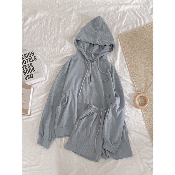 HÓT NHẤT NĂM  Set Bộ 2 Món Quần Short Đùi + Áo Hoodie Khóa Kéo Có Nón Nữ Chất Vải Nhung Tăm Cao Cấp Dày Dặn 4 Màu