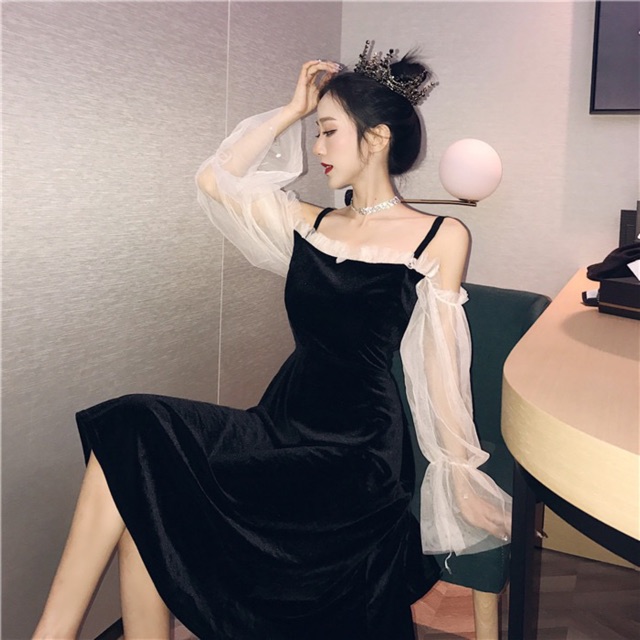 Đầm trễ vai hai dây tiểu tay bo thư sang chảnh ulzzang kèm ảnh thật👑 | BigBuy360 - bigbuy360.vn