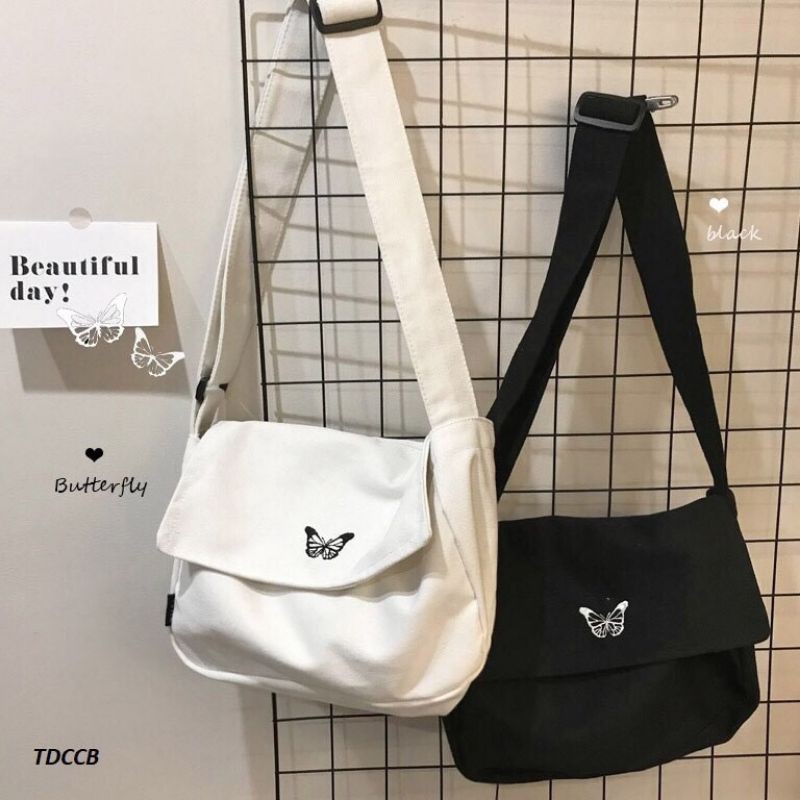 Túi tote vải canvas đeo chéo Unisex bướm( vừa A4)