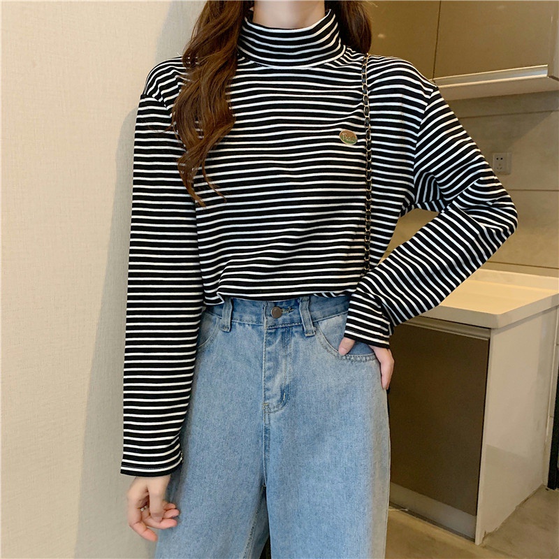 Áo thun tay dài cổ lọ họa tiết sọc ngang thời trang trẻ trung cho nữ