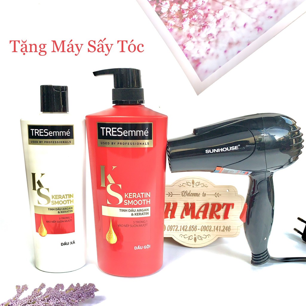 Combo Dầu gội đầu 640g và Dầu xả 340g TRESemmé Keratin Smooth vào nếp suôn mượt (Tặng máy sấy tóc)