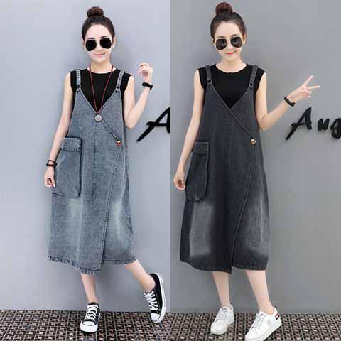 Đầm yếm denim dáng rộng phối túi lớn thời trang cá tính cho nữ
