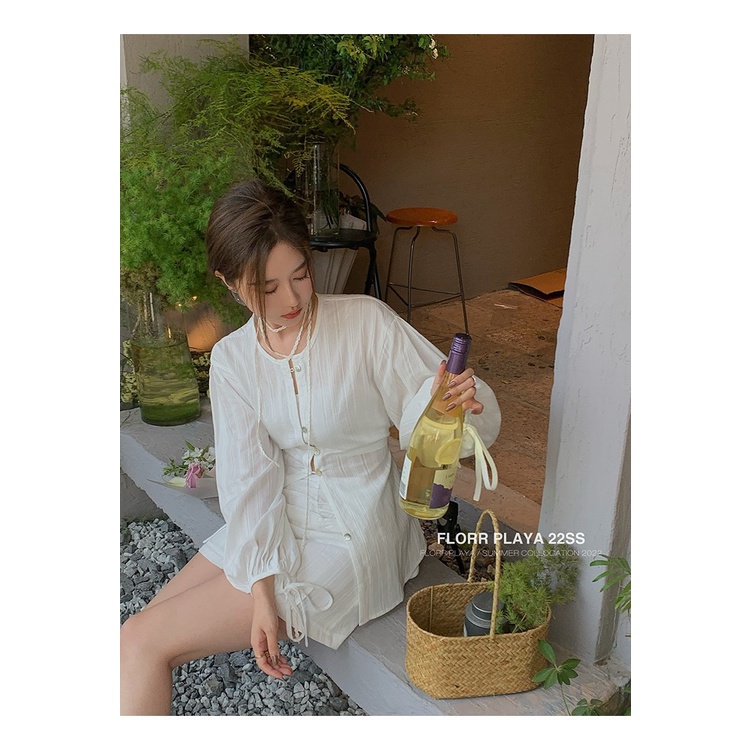 SET VÁY THÔ ĐŨI 3 MÓN doubleh.clo - Set đũi xước gân trắng sơ mi thắt eo + áo quây + chân váy chữ A ulzzang