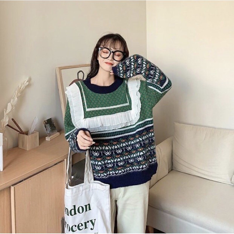 [HÀNG ORDER] Áo len bánh bèo tiểu thư thổ cẩm màu xanh hot trend mùa đông | BigBuy360 - bigbuy360.vn