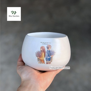 Chậu gốm sứ hạt dẻ nhỏ in hình - N2