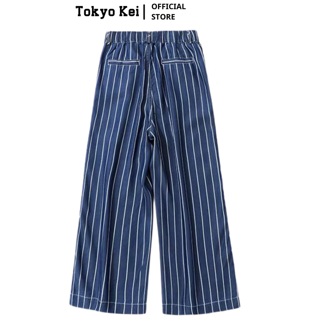 Quần ống rộng xanh kẻ Tokyokei TQH83 dáng xuông vải mềm thời trang nữ thanh lịch trẻ trung