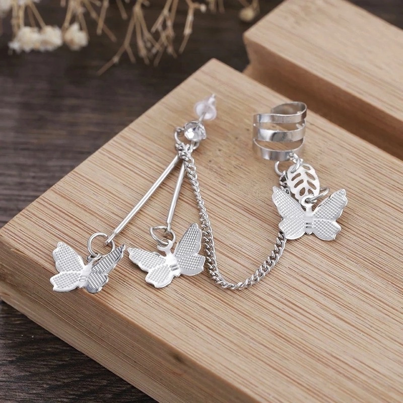 Khuyên Kẹp Vành Tai Dây Xích Kim Loại Hình Bướm Hình Học Cá Tính Phong Cách Hàn Quốc