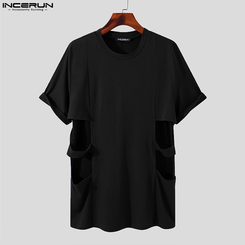 INCERUN Áo Thun Tay Ngắn Cổ Tròn Thiết Kế Lỗ Thời Trang Cho Nam