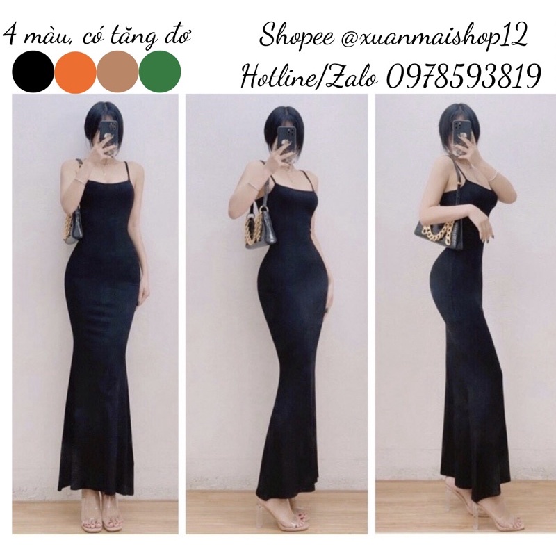 Đầm body nữ vải len tăm mỏng hai dây có tăng đơ điều chỉnh form dài đuôi cá xoè dài 1m3 form chuẩn hình