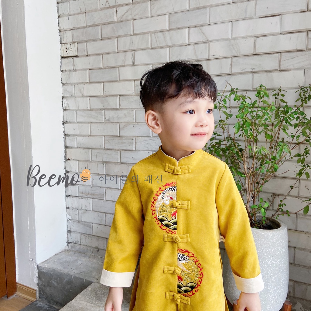 Bộ set áo dài Beemo cho bé trai bé gái từ 1 đến 6 tuổi xẻ tà họa tiết cách điệu 2 màu - 20B100