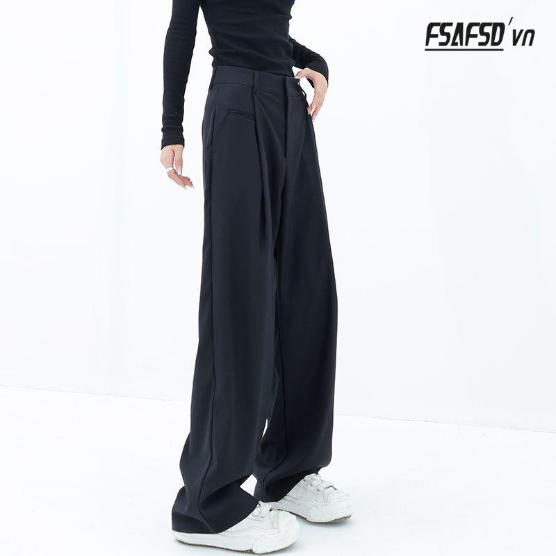 Quần Dài Ống Rộng Lưng Cao Màu Đen Thời Trang Cá Tính Cho Nữ