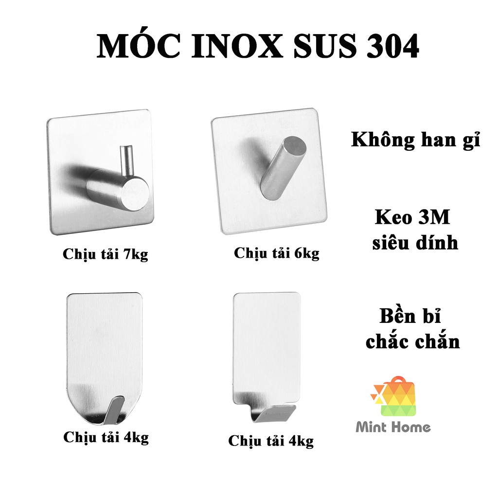 Móc treo đồ dùng cá nhân, móc khóa đa năng thép không gỉ inox SUS304 có miếng dán tường keo xốp 3M siêu dính chịu lực