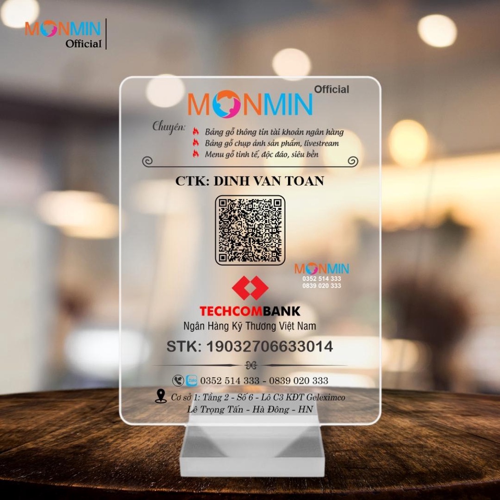 Bảng thông tin tài khoản ngân hàng mica - Tên shop, mã QR thanh toán, chuyển khoản Monmin