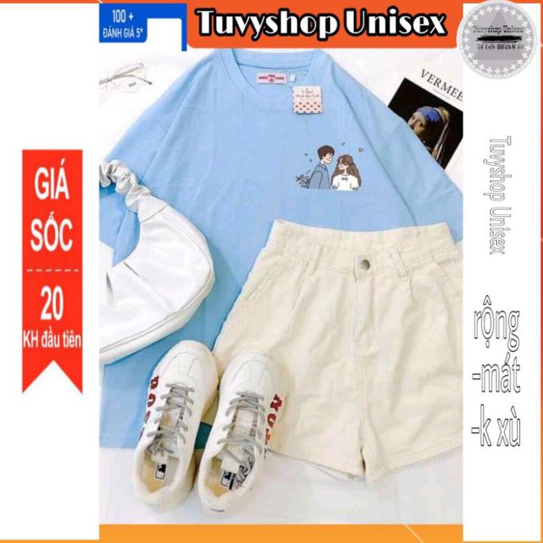 Áo phông nữ ⚡TUVYSHOP⚡ Áo cotton hút mồ hôi tay lỡ Unisex Đôi bạn oversize màu hồng