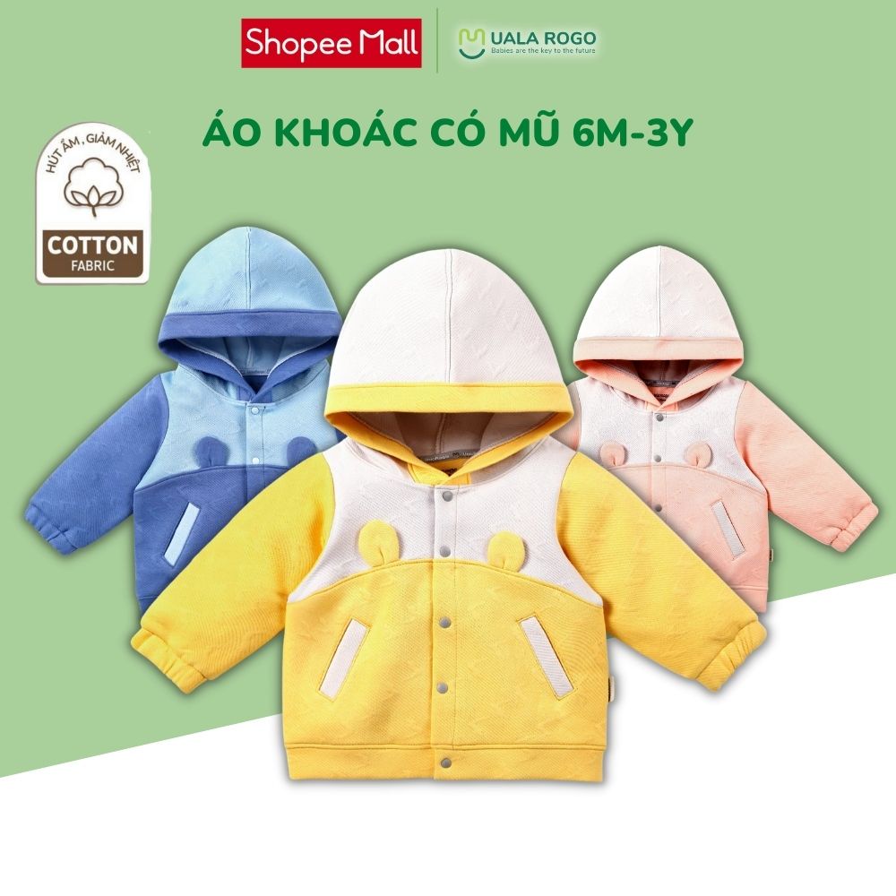 Áo khoác cho bé Ualarogo 6 tháng - 3 tuổi vải cotton nỉ mỏng có mũ chùm đầu tai gấu giữ ấm có 2 túi 3923