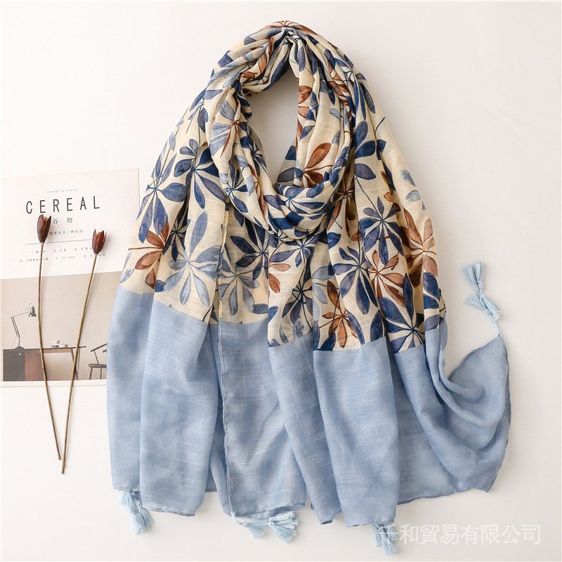 Khăn Choàng Cổ Bằng cotton Lanh In Hoa Lá Tua Rua Cỡ Lớn Hợp Thời Trang Dễ Phối Đồ Đi Biển