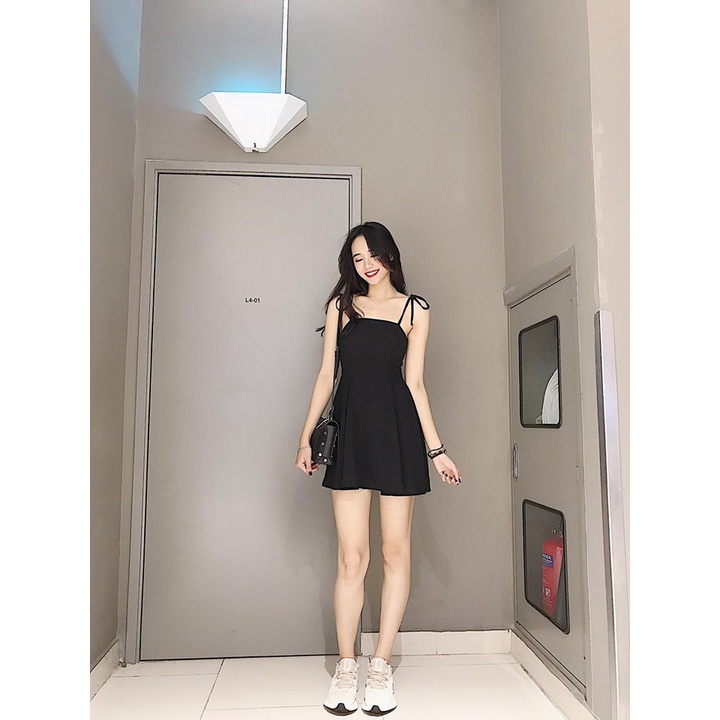 Đầm/Váy 2 Dây Thắt Nơ Vai Lưng Chun, Váy Xoè Hai Dây Chun Lưng