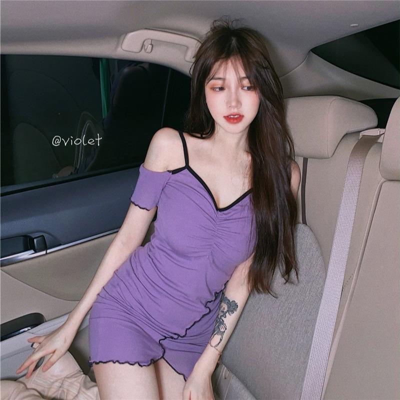 Đầm Hai Dây Trễ Vai Màu Tím Phong Cách Pháp Quyến Rũ