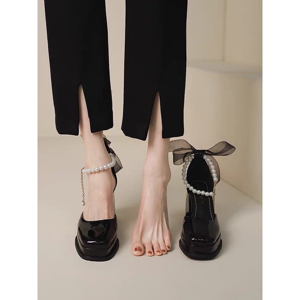 _ Giày lolita nữ quai ngọc phối nơ siêu nữ tính , sang trọng