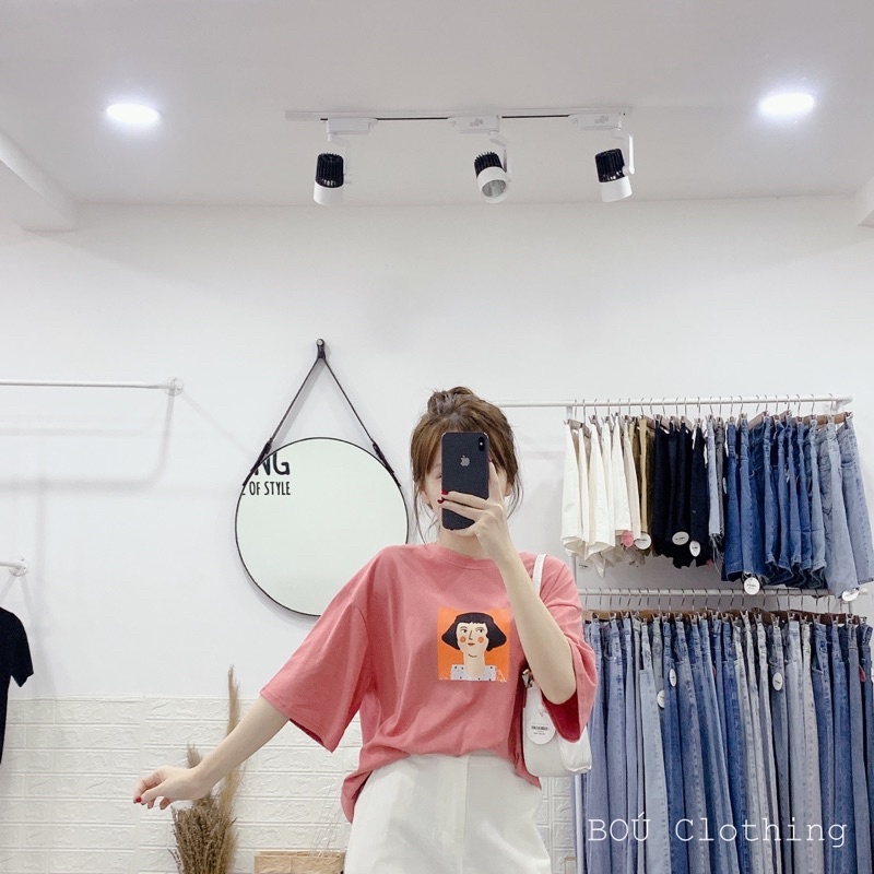 Áo thun ô màu cam + Jean dài cho Nữ