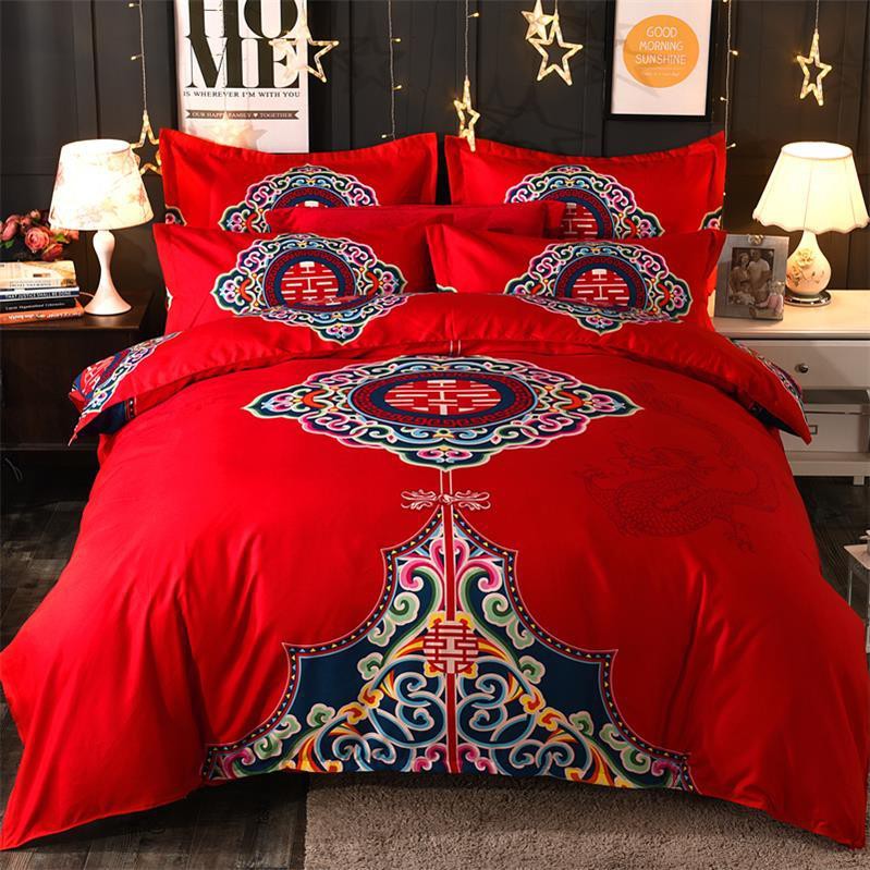 Bộ 4 món giường cưới dày dặn chăn ga gối đệm màu đỏ nhám đôi hoạt hình