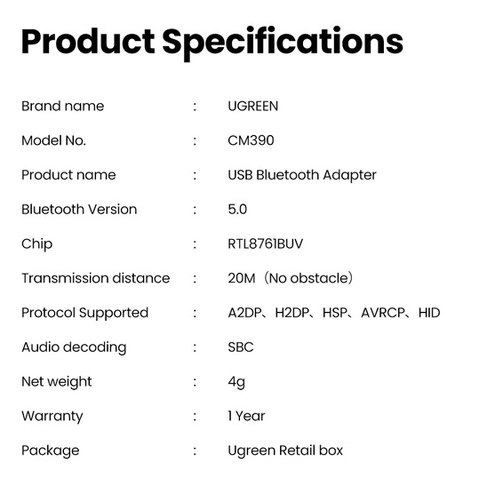 Ugreen Usb Nhận Tín Hiệu Bluetooth 5.0 Cho PC / Headphone / Loa Không Dây