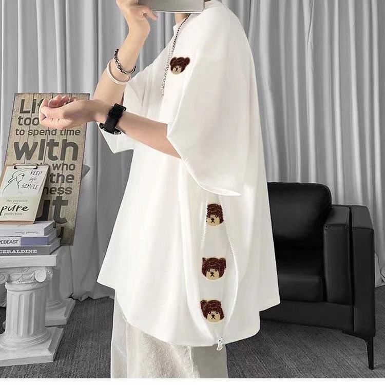 Áo Thun Tay Ngắn Dáng Rộng Có Khóa Kéo Thêu Hình Gấu Dễ Phối Đồ Thời Trang Mùa Hè Cho Nam