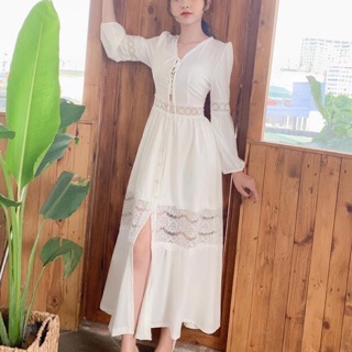 Đầm maxi trắng đan ngực phối ren