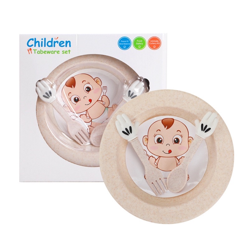Combo Khay ăn dặm lúa mạch cao cấp hình tròn dễ thương cho bé ập ăn dặm kèm set thìa dĩa-Hàng loại 1 kèm hộp