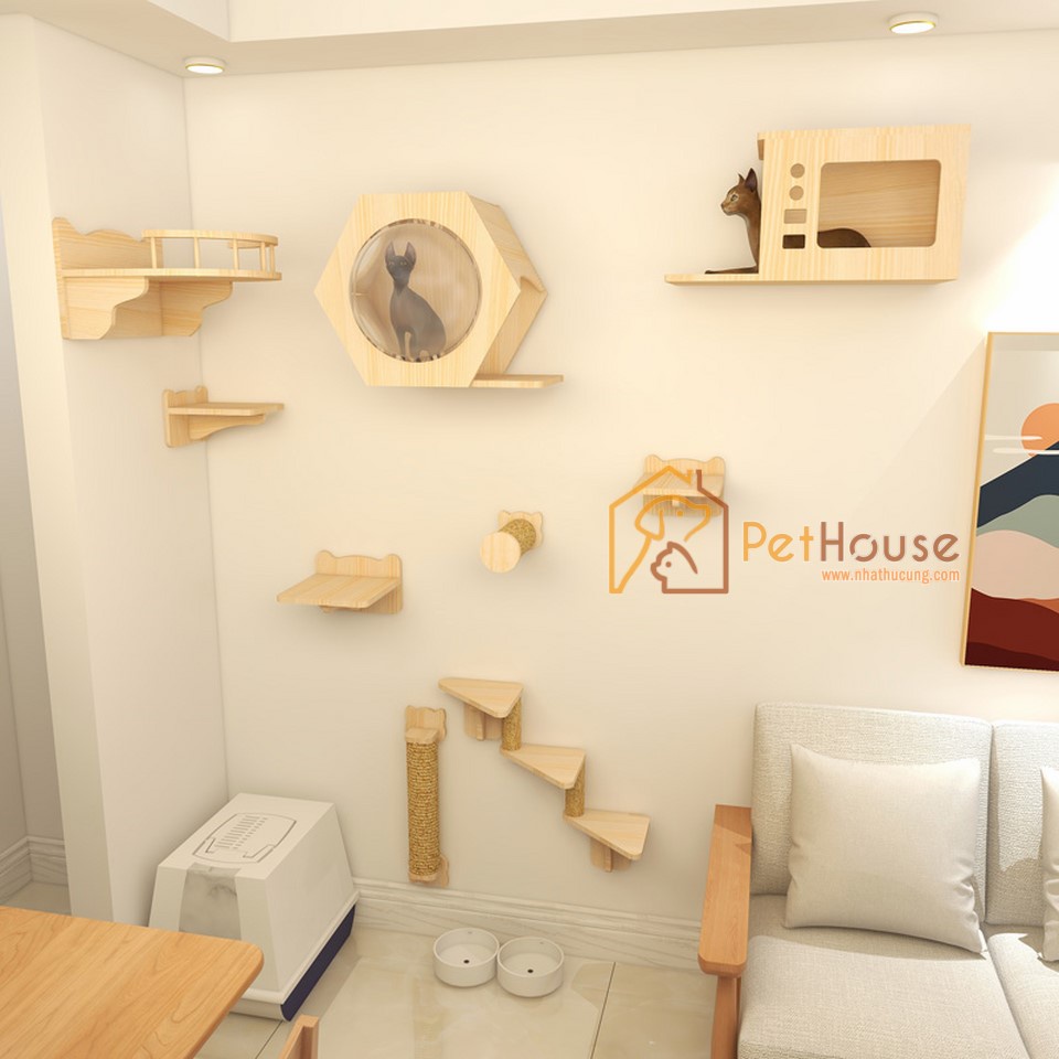 Khu vui chơi liên hoàn cho mèo 6 chi tiết chất liệu gỗ thông tự nhiên pethouse