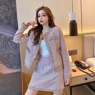 Áo khoác dạ tweed dài tay đính ngọc kèm chân váy chữ A, set dạ tweed công sở