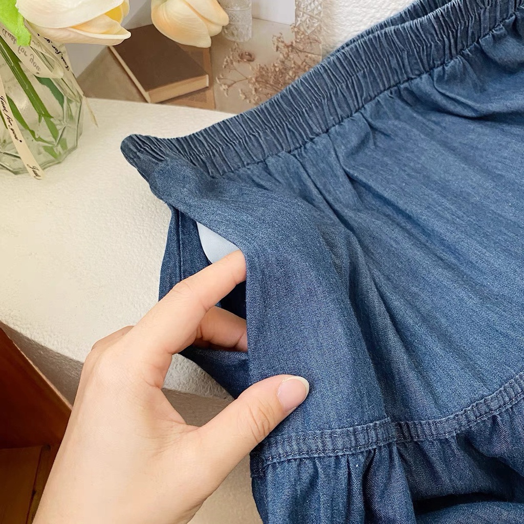 YO CHÂN VÁY JEAN XÒE TẦNG DÁNG DÀI 2 MÀU CHO NỮ