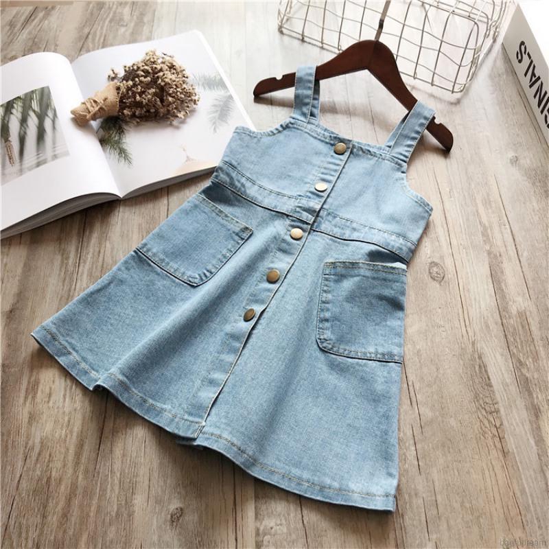 Đầm Yếm Denim Màu Trơn Xinh Xắn Cho Bé Gái 2-7 Tuổi