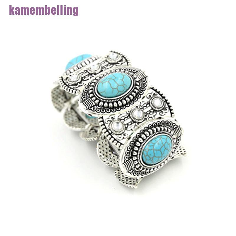 Vòng Tay Bạc Tây Tạng Đính Đá Ngọc Lam Tự Nhiên Phong Cách Boho Cổ Điển Dành Cho Nữ