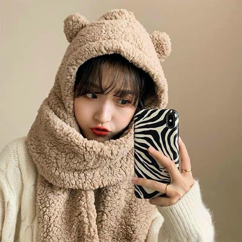 Mũ Len Lông Cừu Tai Gấu Dễ Thương Mùa Đông Kèm Khăn Quàng Cổ Và Găng Tay Phong Cách Hàn Quốc