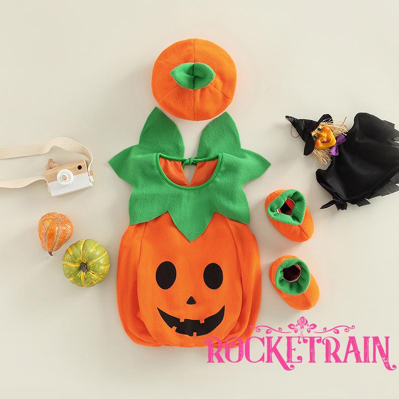 Set Áo Liền Quần + Mũ + Đôi Giày Hình Bí Ngô Dễ Thương Cho Bé