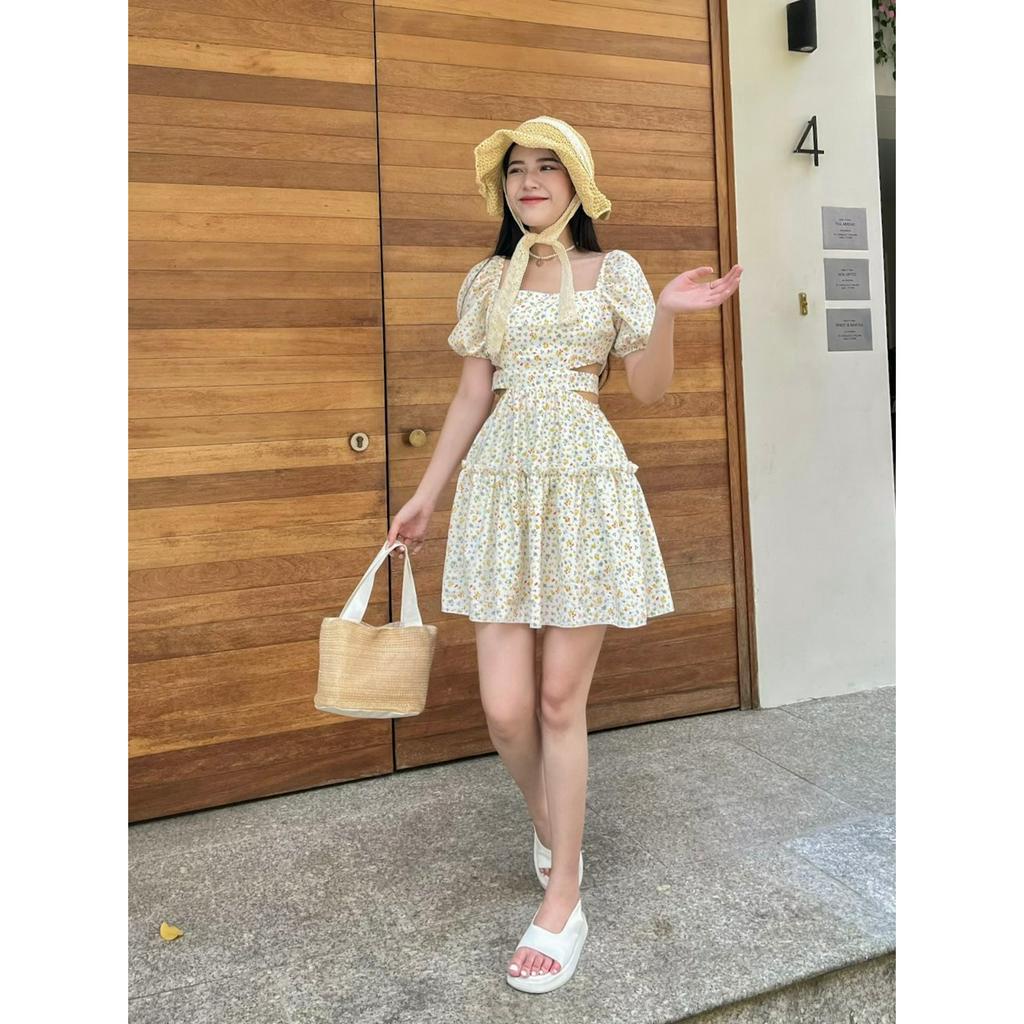 Đầm hoa nhí H43 cutout eo cách điệu thắt nơ lưng có sẵn mút ngực