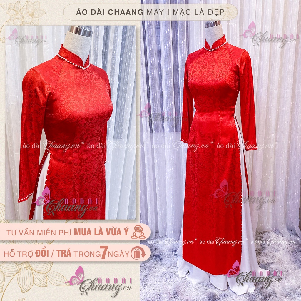 Áo dài gấm nữ CHAANG May sẵn áo dài đính đá ngọc, dự tiệc cưới sang trọng