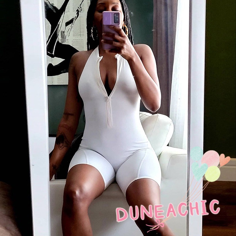 DUNEA Jumpsuit thể thao sát nách màu trơn phối khoá kéo thiết kế hở lưng quyến rũ