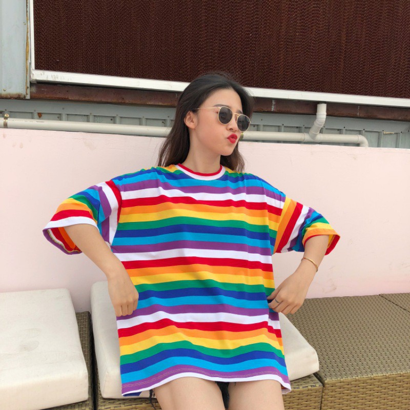 Áo thun form rộng màu sắc cầu vồng thời trang dành cho nữ