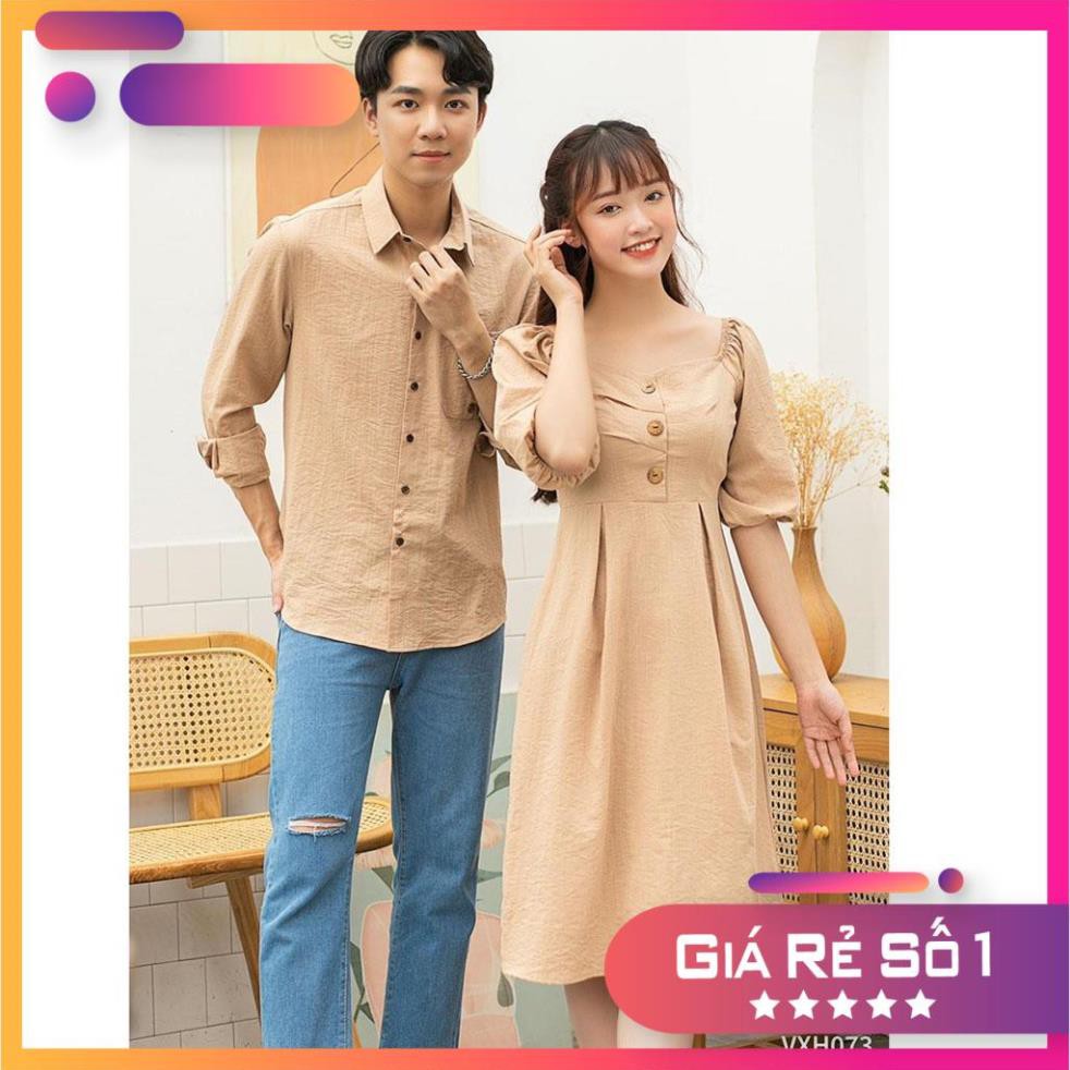 Set áo đầm đôi tình nhân đồ cặp áo sơ mi và đầm nữ phong cách thời trang Hàn Quốc chụp hình cưới đi biển