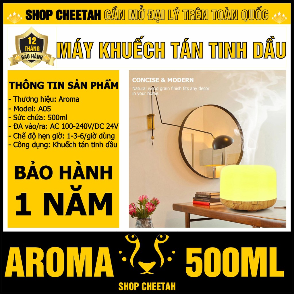 (A05-500ml) Máy khuếch tán tinh dầu Aroma – Kiểu dáng Ống trụ tròn thấp – Chế độ Led 7 màu – Bảo hành 1 năm