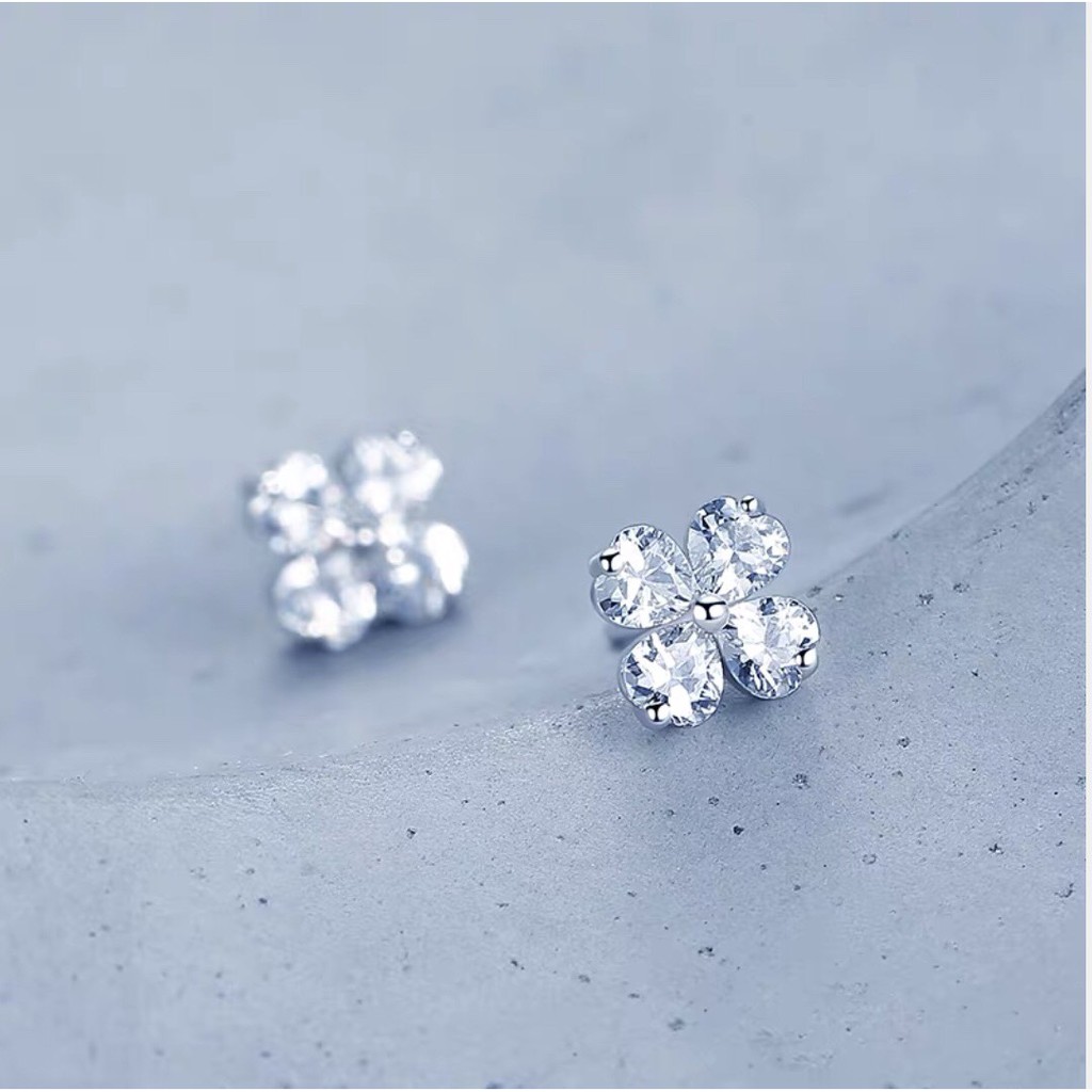 Bông tai bạc nữ TLEE bốn lá đính đá sang trọng TleeJewelry B0123