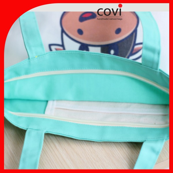 Túi vải tote, vải canvas, vải bố Hàn Quốc phối hình in con bò 2 chân thời trang COVI nhiều màu sắc T20