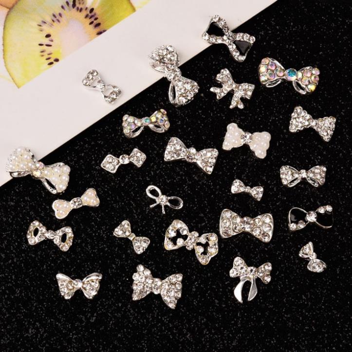 Charm nail nơ bạc, charm nơ nail quốc dân phong cách hàn quốc trang trí móng