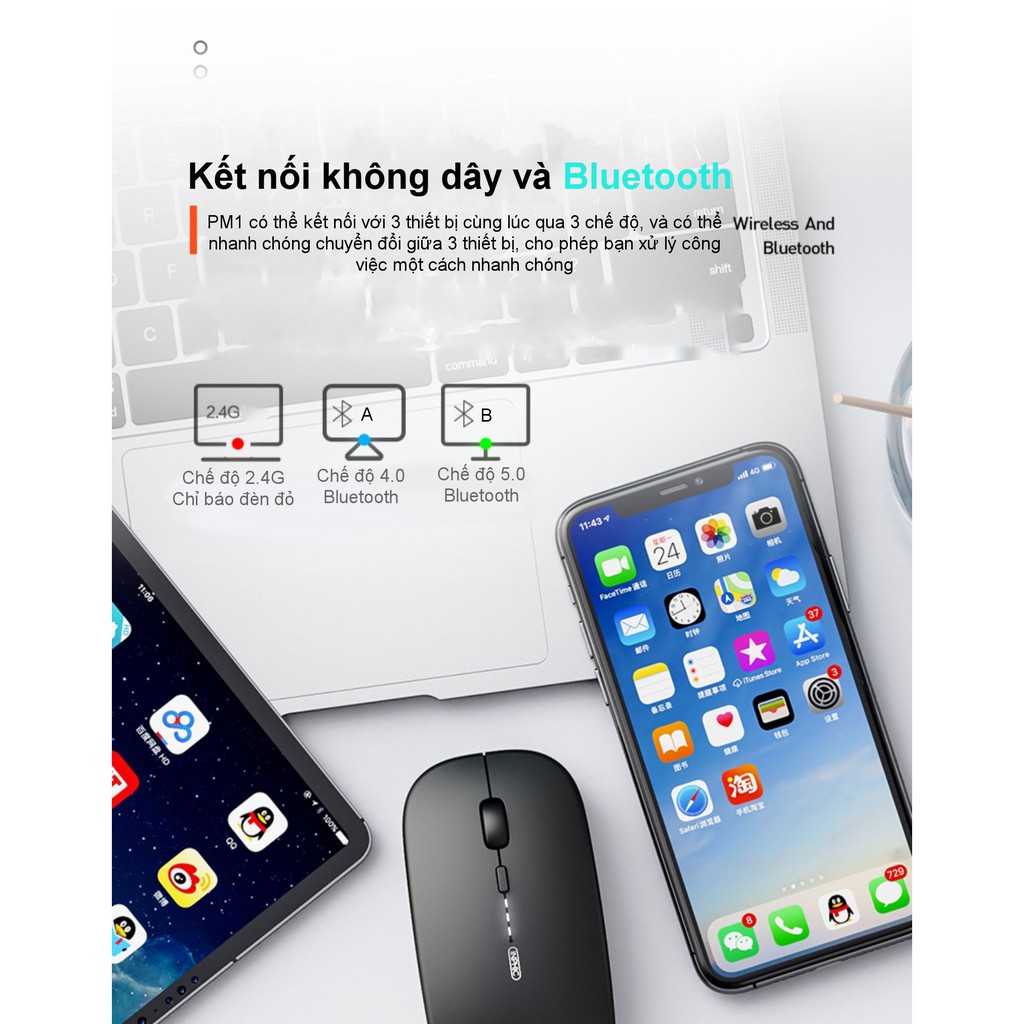 Chuột Văn Phòng Bluetooth + Wifi Phong Cách Macbook Cho Tất Cả Các Dòng Máy Tính, Smart TV, TV box,... INPHIC PM1BS