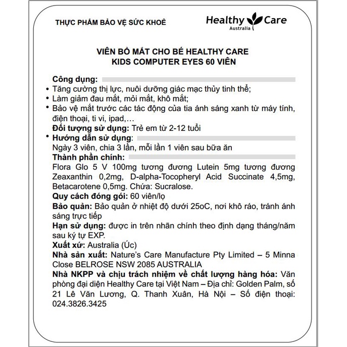 Kẹo Bổ Mắt Cho Bé Healthy Care Kids Computer Eyes Úc - Bổ sung dưỡng chất bảo vệ, nuôi dưỡng mắt cho bé (60 viên)
