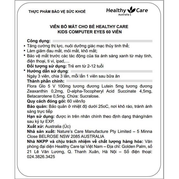 Combo 2 hộp Viên uống Healthy Care Kids Computer Eyes - Bổ sung dưỡng chất giúp bổ mắt, sáng  mắt cho bé 60 viên