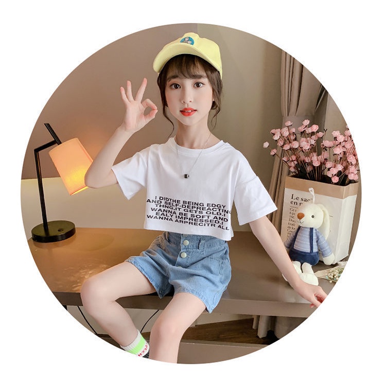 Set Áo Thun Tay Ngắn + Quần short denim Phong Cách Hàn Quốc Cho Bé Gái